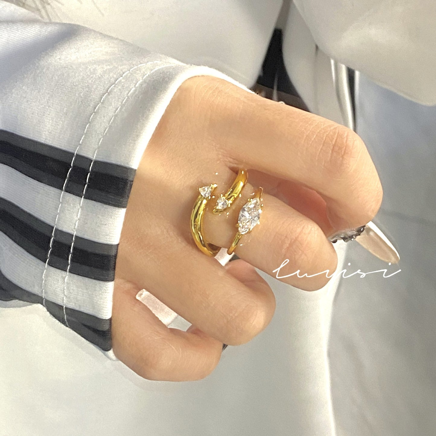 Horse Eye Zircon Ring Female Simple All-matching Thickened Plated 18K Adjustable Ring